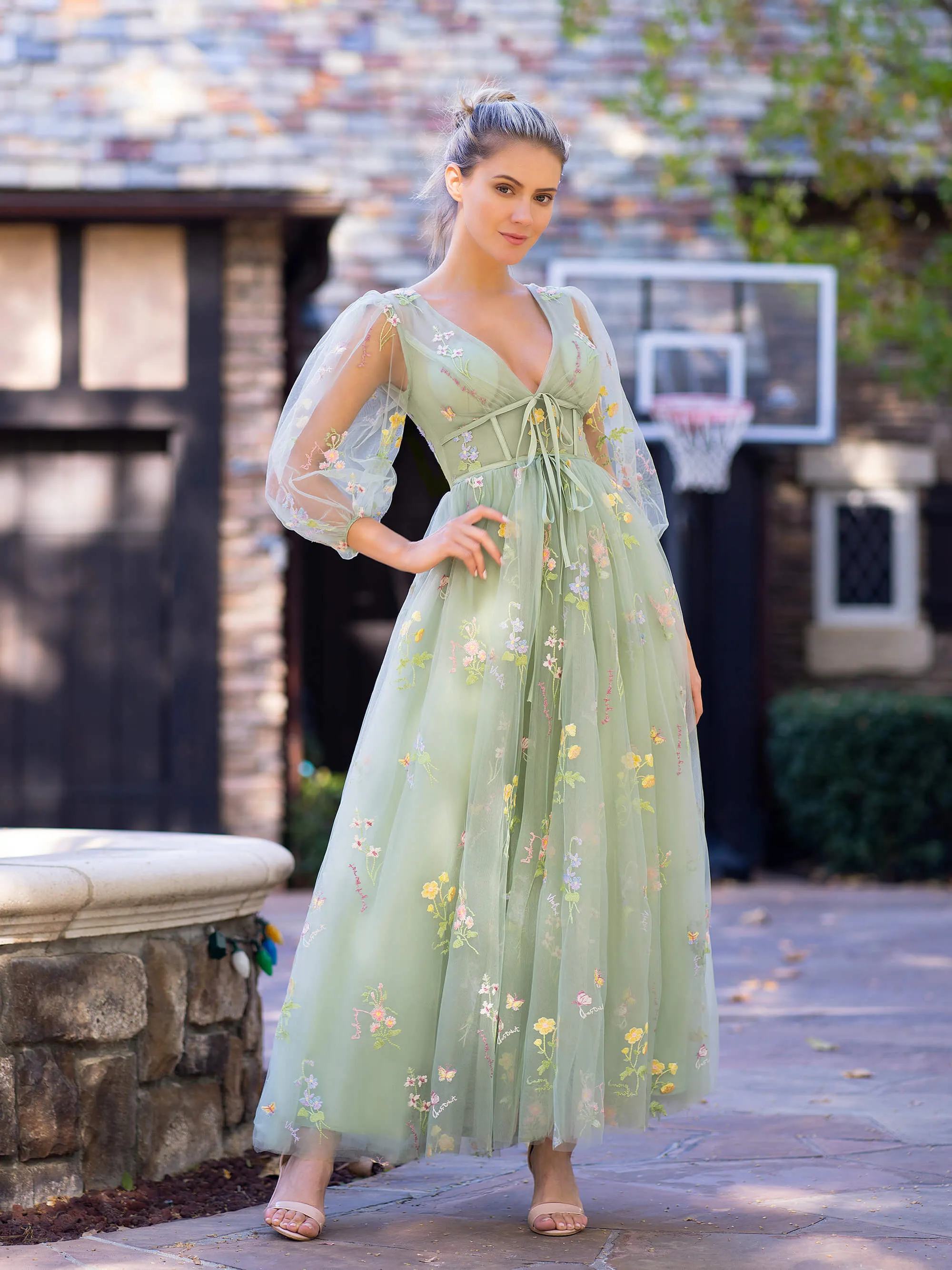 V-neck Embroidery Maxi Length Tulle Corset Floral Prom Dress