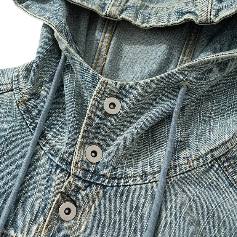 Washed denim jean jacket with hood