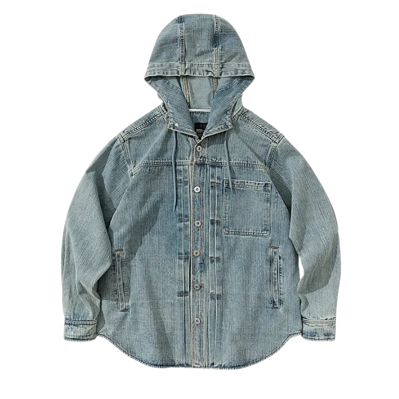 Washed denim jean jacket with hood