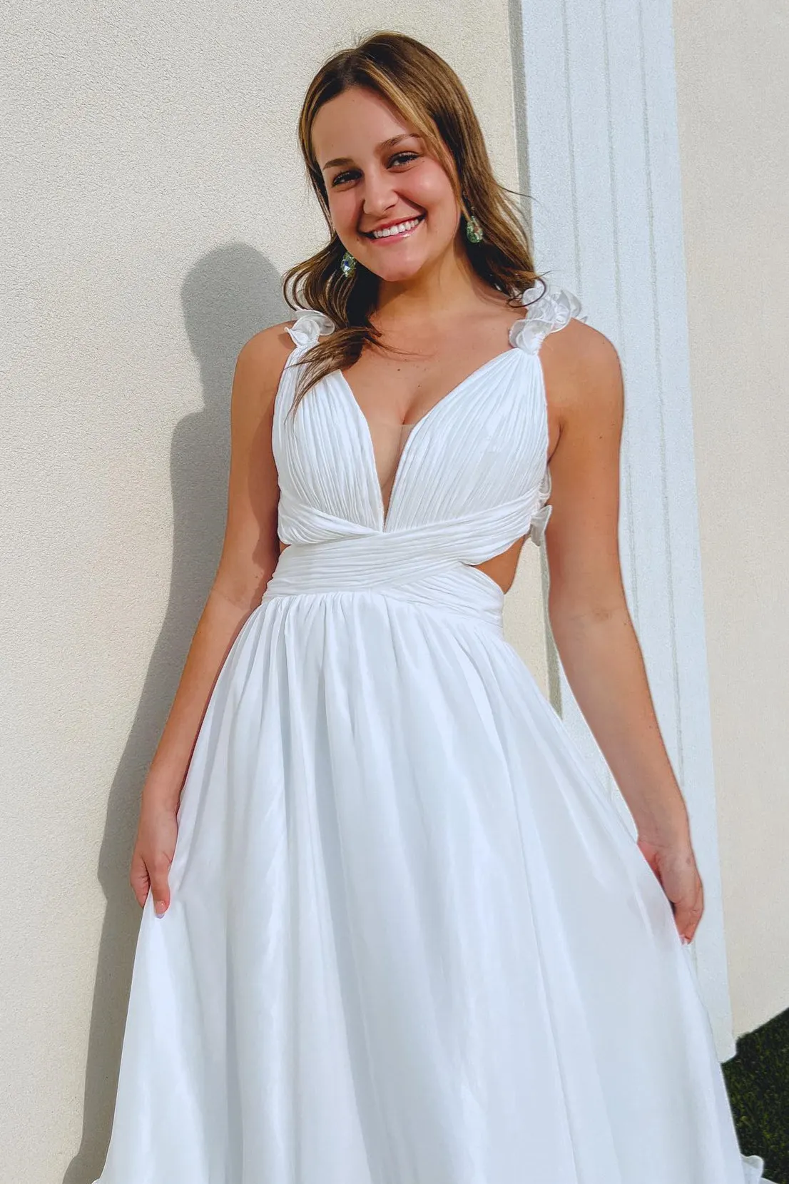 White Ruffle Straps Pleated Cut-Out Deep V Long Prom Dress