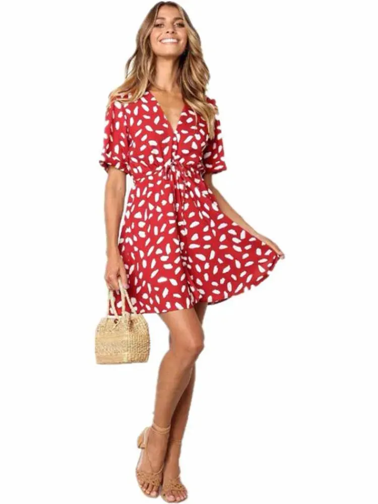 White Sand Spot Mini V Neck Casual Sundress Botton Wrap Bodycon A-Line Dress