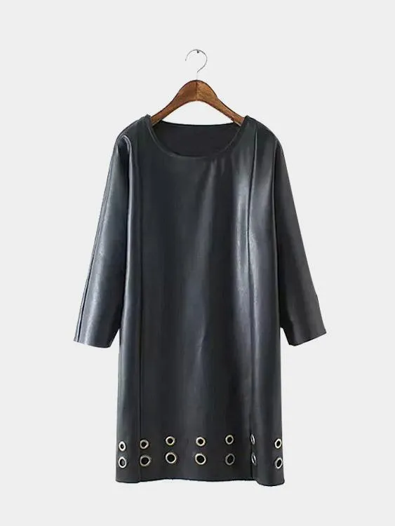 Wholesale Black Round Neck 3/4 Length Sleeve Plain Midi Dress