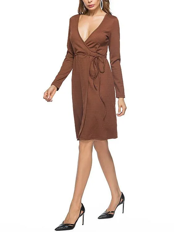 Wholesale Brown Deep V Neck Long Sleeve Wrap Midi Dress