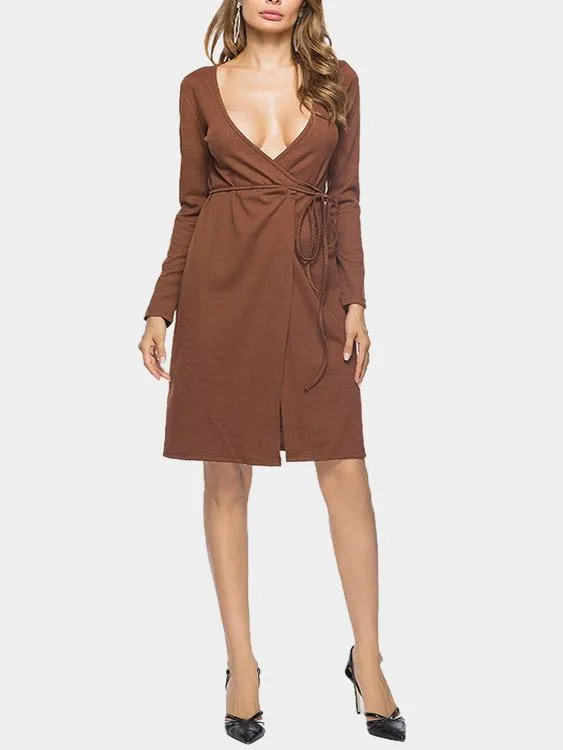 Wholesale Brown Deep V Neck Long Sleeve Wrap Midi Dress