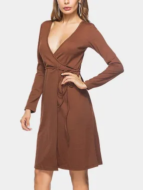 Wholesale Brown Deep V Neck Long Sleeve Wrap Midi Dress