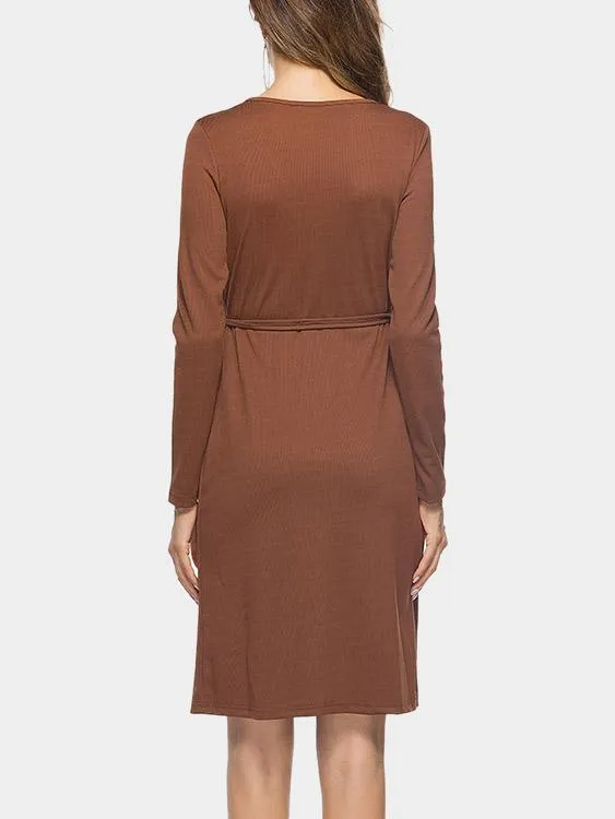 Wholesale Brown Deep V Neck Long Sleeve Wrap Midi Dress