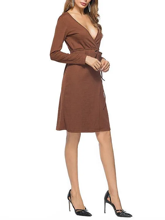 Wholesale Brown Deep V Neck Long Sleeve Wrap Midi Dress