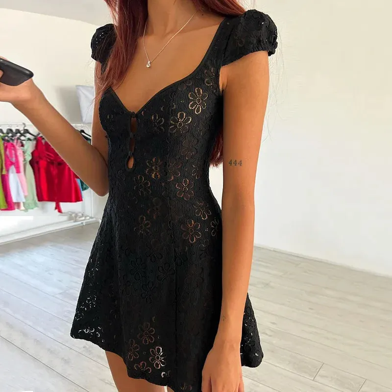 Women Fairy Lace Spaghetti Strap Backless Party Cami A-Line Dress