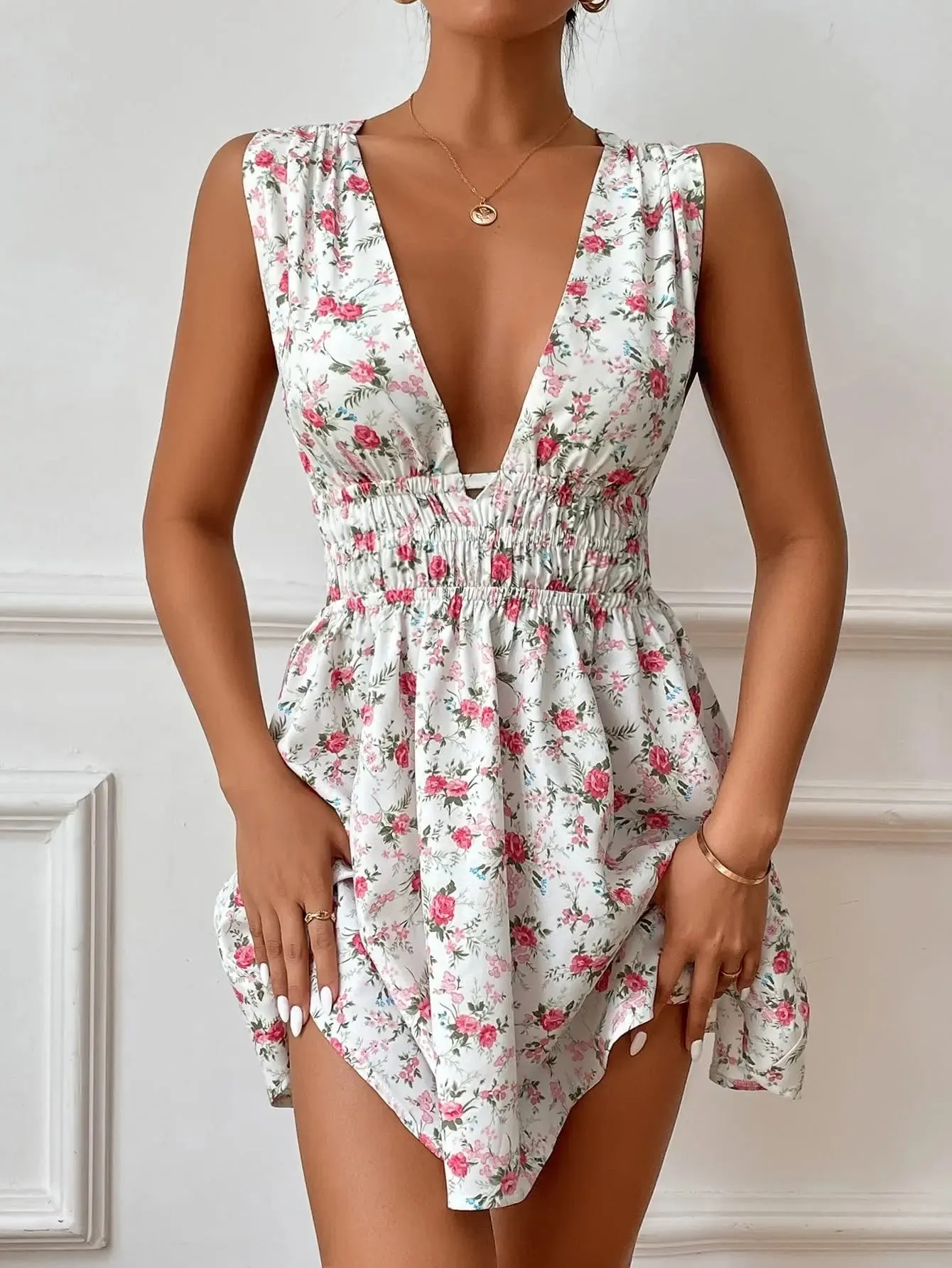 Women's Summer Deep V Neck Floral Smocked Flowy A-Line Dress