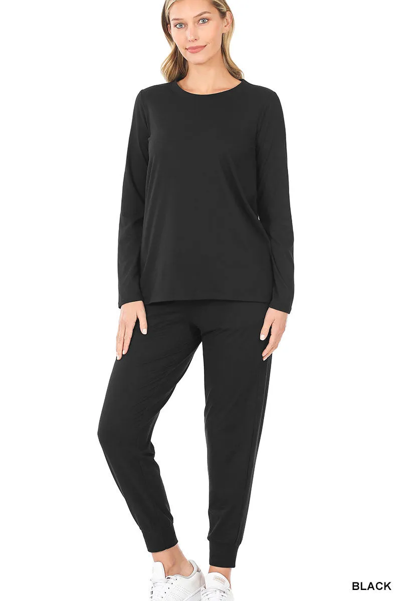 Zenana Long Sleeve Buttery Soft Top & Jogger Pants Set in Black